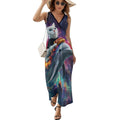 longue maxi femme style hot-dog avec chat chevauchant un dauphin, sans manches et col en V, idéale pour la plage.