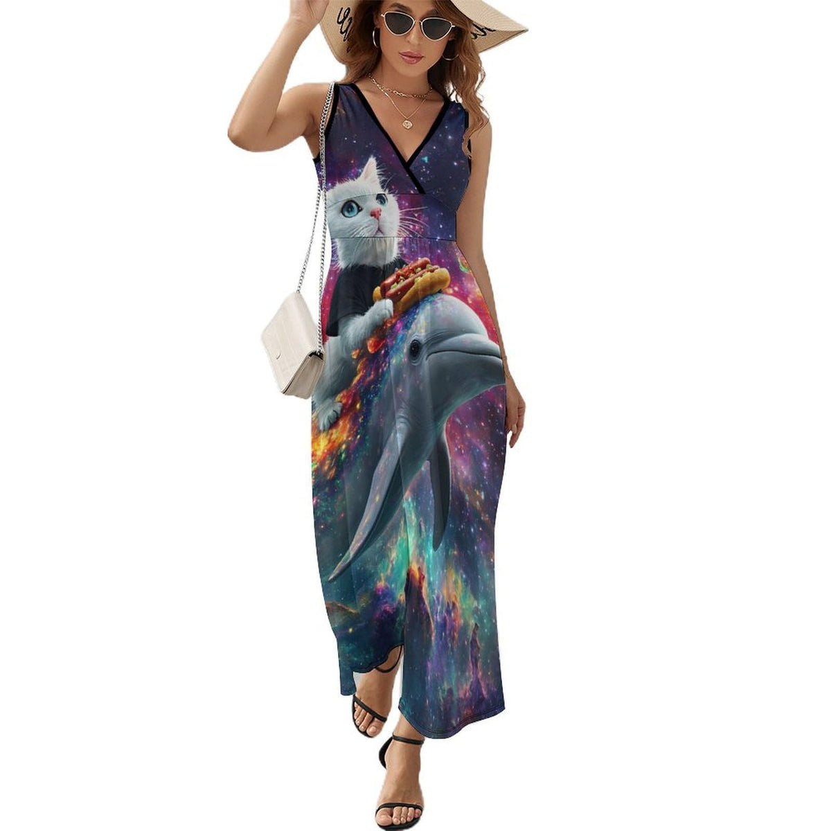 longue maxi femme style hot-dog avec chat chevauchant un dauphin, sans manches et col en V, idéale pour la plage.
