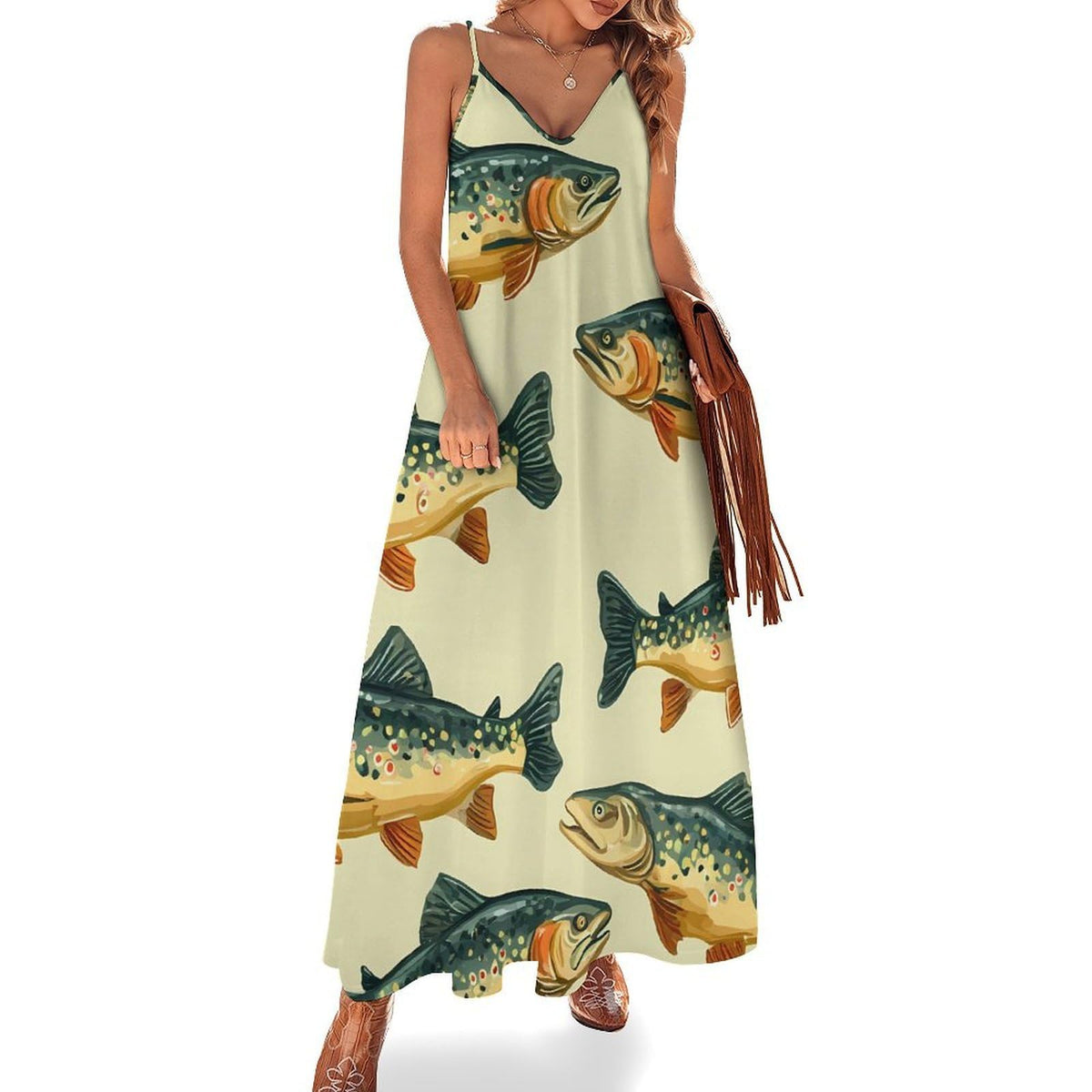 longue maxi à motif truite pour femme, robe d'été sans manches, robe de plage