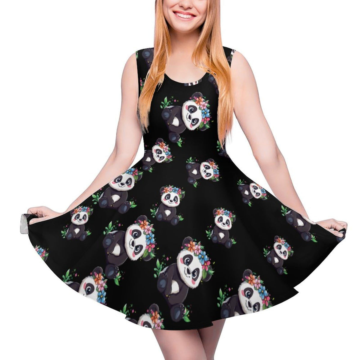 d'été pour femme avec un adorable panda portant une couronne, col rond, sans manches, ourlet à volants