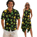 Chemises hawaïennes pour hommes et robes pour femmes, ensemble assorti pour couples à motif palmier, robe d'été sans manches et chemises à boutons